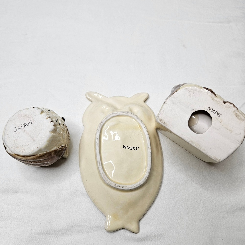 Vtg Ceramic Owl Set Japan Napkin Holder Spoon Rest Toothpick Holder‎ Brown Cream - Picture 8 of 10